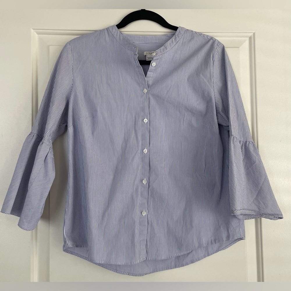 J. Crew Women’s Blue and White Striped Bell-Sleeve Button-Down Top